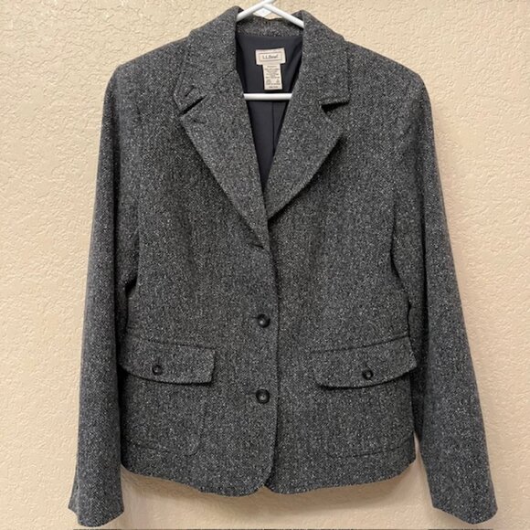 LL Bean Women's Gray 3 Button Jacket Herringbone Wool Silk Pockets Size M - Picture 1 of 9
